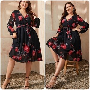 Women's Black Floral Tie Waist Dress